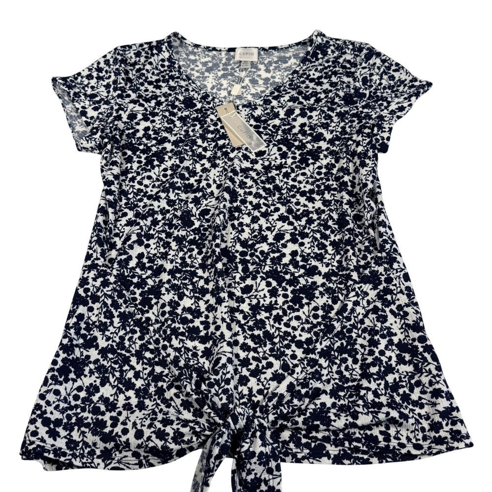 CUPiO Navy Blue Floral Print Short Sleeve Tie Front Top Women Size S P